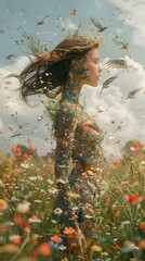 Ethereal Woman Enveloped in Nature's Vibrant Symphony of Colors and Botanical Patterns