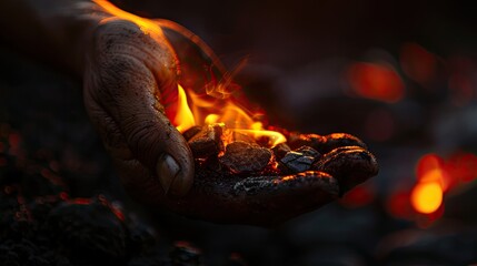 A hand squeezes burning coal against a black backdrop. Witness the power of endurance and resilience
