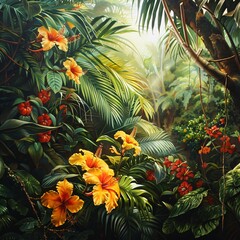 Obraz na płótnie Canvas Romanticism art style painting depicting wild flowers nestled among tropical leaves a scene of natural wonder
