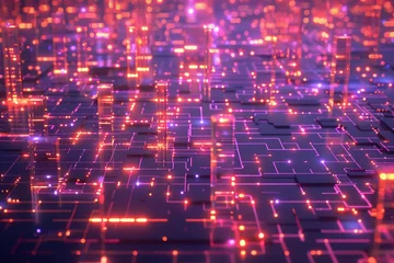 Schilderijen op glas Cyber city neural network, 3D render of glowing neon city grid pattern like an AI network, 3D all rendered in the style of a cartoon © Sataporn
