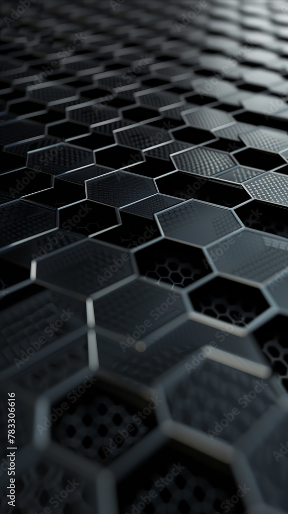 Poster detailed close up of a black hexagonal tile, showcasing its shape and color.