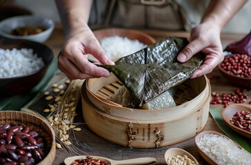 a person preparing food in a bamboo steamer - obrazy, fototapety, plakaty