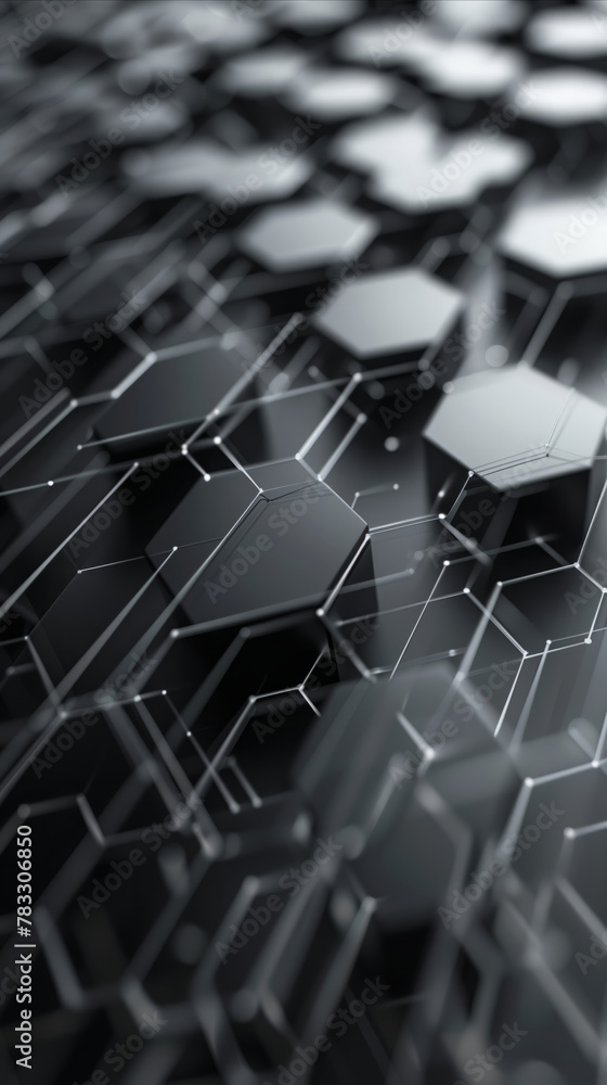 Poster black and white cubes arranged in a pattern on a minimal hexagon background.