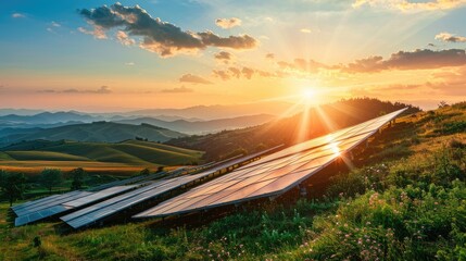 An overhead view of a sunny solar farm in a lush grassland