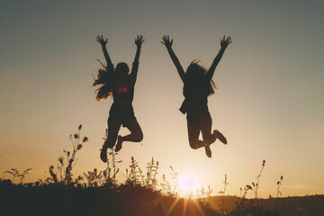 two girls jumping in the air at sunset