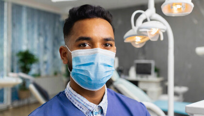 Dentist, in face mask posing in a blurred exam room.