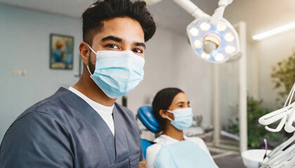 Dentist, in face mask with a patient, in a blurred clinic.