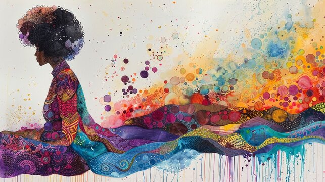 Vibrant watercolor and pencil artwork featuring an African American woman sitting with her head tilted back