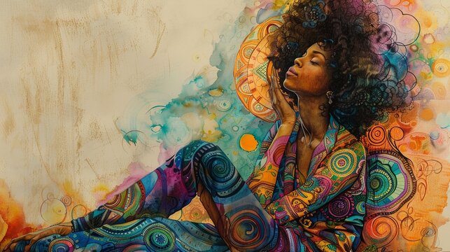 Vibrant watercolor and pencil artwork featuring an African American woman sitting with her head tilted back