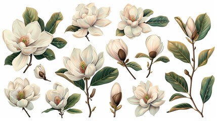 Vector flowers set with Magnolia flowers. Isolated elements with Magnolia flowers, brunches and leaves.