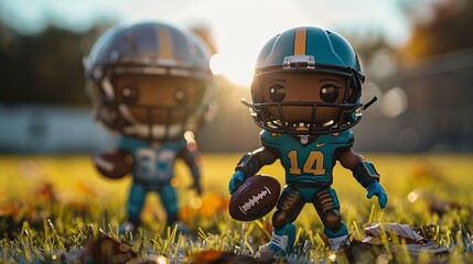 a front facing view of an African American 8 year old boy he is in little league football and dressed in uniform he is posing with a football in his hand faded football field background Funko pop