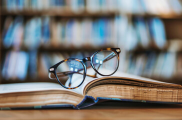 a pair of glasses resting on an open book - Powered by Adobe