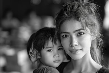 A mother volunteering her time to help those in need, embodying the spirit of selflessness and compassion. Concept of maternal altruism and community service. Generative Ai.