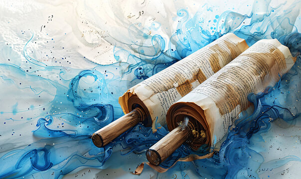 Old torah scroll on the sea. Judaism religious symbol. Bible exodus torah. Moses parted sea exodus of Jews from Egypt. Happy Passover celebration. 