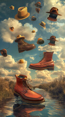 Surreal display of floating shoes and hats under a cloudy sky ideal for creative advertising or fantasy book covers