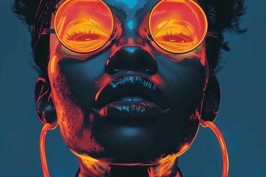 female neon face, hot pink eyes, orange neck rings, in the style of afrofuturism, poster art, depictions of urban life, dark cyan and orange, 32K