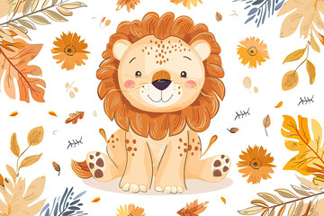 Cute Little Lion Cartoon Pattern for Kids' Clothes - Flat Drawing with Decorative Elements