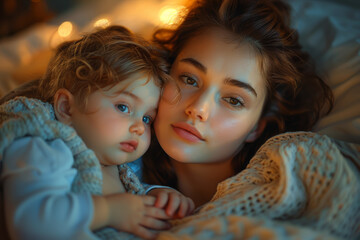 A mother tucking her child into bed at night, showering them with kisses and affectionate goodnight wishes. Concept of maternal bedtime routine and affection. Generative Ai. - obrazy, fototapety, plakaty