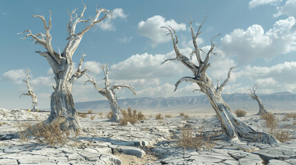 Dead trees in desert, barren landscape, cracked earth, arid environment