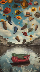 Colorful shoes and hats raining over a serene river by a cityscape, suitable for fashion editorials or whimsical travel promotions - obrazy, fototapety, plakaty