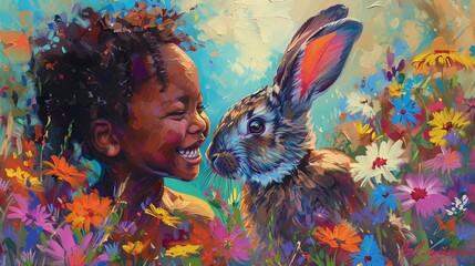 Envision a cheerful Garifuna child offering a friendly hug to a graceful deer in the midst of a sun-drenched meadow, their encounter symbolizing the harmony between mankind and wildlife