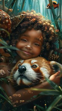 Envision a cheerful Garifuna child bonding with a gentle manatee in the tranquil waters of a lush mangrove forest.--sref https://cdn.midjourney.com/1879f3c5-e54b-4a7b-9247-8482055b1000/0_2.webp