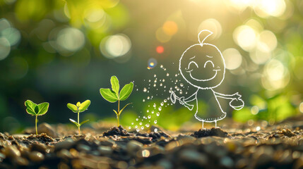Joyful Cartoon Character Watering Young Sprouts in Sunlit Garden - 783308652