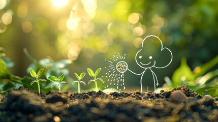 Hand-Drawn Cartoon Character Watering Young Plants in Sunlit Garden - 783308675