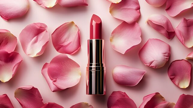 pink lipstick and rose petals