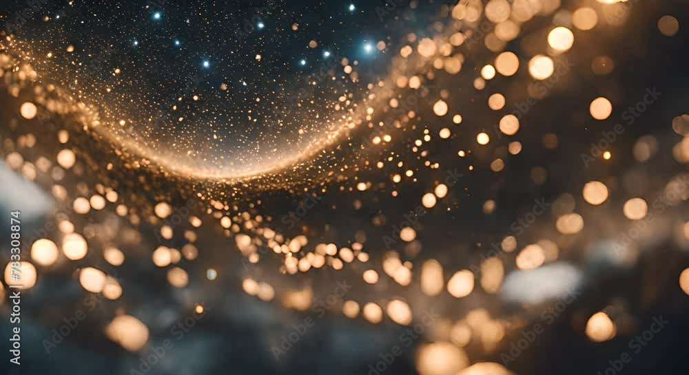 Poster abstract sparkling particles curving through space.