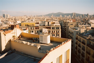 Empty sunny terrace. Balcony of apartment with a view to the street and blue sky in the center of Barcelona
