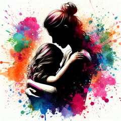 mother and daughter hugging splash color and white background - 783308841
