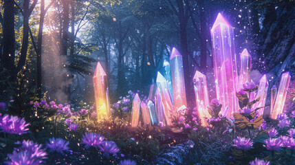 Enchanted Forest with Luminous Crystals and Mystical Atmosphere - 783308848