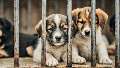 Sad looking puppies in an unhumane shelter, behind bars, animal rights concept. - 783308859