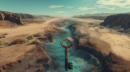 Majestic key standing in a desert riverbed as a metaphor for unlocking nature's secrets, perfect for environmental campaigns or explorative themes. - obrazy, fototapety, plakaty