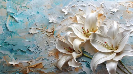 The delicate texture of white lily flowers brought to life with the intricate strokes of oil paint - obrazy, fototapety, plakaty