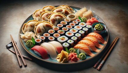 Traditional Japanese Cuisine Platter with Sushi, Sashimi, and Dumplings