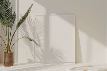 Mockup painting near a white wall, palm tree, shadow from a palm tree