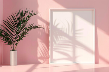 Mockup painting near a pink wall, palm tree, shadow from a palm tree