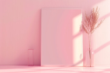 Mockup painting near a pink wall, dried flowers in a vase