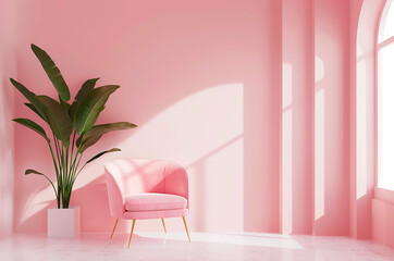 Mockup painting on a pink wall, Pink interior, Pink chair and palm tree