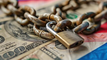 An image of dollars, a lock, and a chain with the Russian flag in the background. Monetary crisis, financial problems, sanctions, default. 