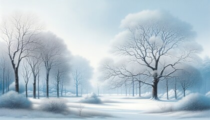 Snow-Covered Forest with Misty Atmosphere and Bare Trees
