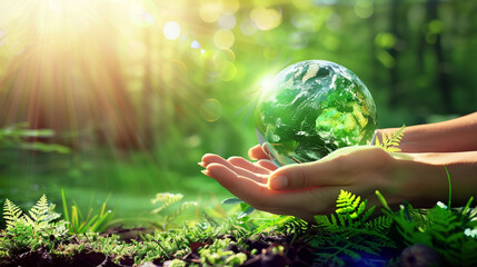 Hands Holding Globe Glass In Green Forest 