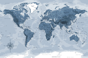 World Map - Highly Detailed Vector Map of the World. Ideally for the Print Posters. Grey Silver Monochrome Colors. With Relief and Depth - obrazy, fototapety, plakaty