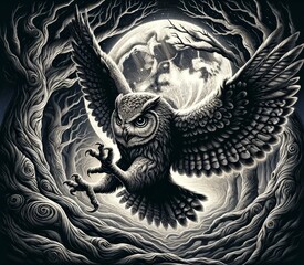 Majestic Owl in Flight Against Moonlit Forest Backdrop