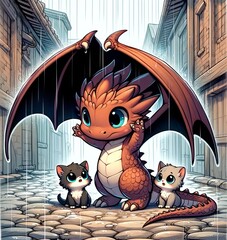 Adorable Cartoon Dragon Protects Kittens from Rain in City Alley
