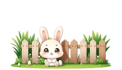 Adorable White Bunny Sitting in a Grassy Yard with Spring Flowers