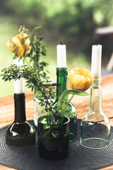 Candlesticks and vases, decoration made from green wine bottles, craft tip