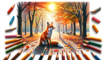 Red Fox in Autumn Forest with Colorful Foliage and Sunlight